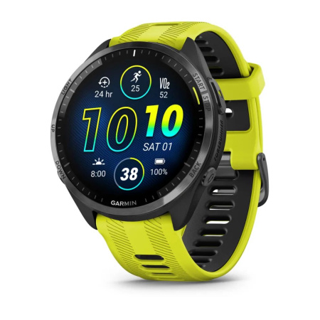 Garmin  FORERUNNER 965 черные, темно-серый DLC титановый безель, с желто-черным ремешком Garmin  FORERUNNER 965 черные, темно-серый DLC титановый безель, с желто-черным ремешком