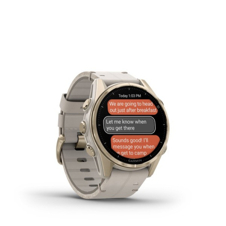 Garmin FENIX 8, 43 мм, AMOLED, Sapphire soft gold stainless steel with fog gray leather band plus fog gray/dark sandstone silicone band