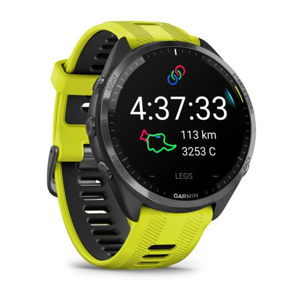 Garmin  FORERUNNER 965 черные, темно-серый DLC титановый безель, с желто-черным ремешком Garmin  FORERUNNER 965 черные, темно-серый DLC титановый безель, с желто-черным ремешком