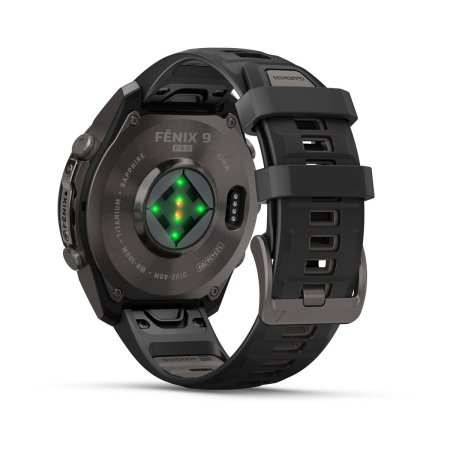 Часы Garmin Fenix 9 Pro - 47 мм, титановый, угольно-серый DLC, черно-серый силиконовый ремешок