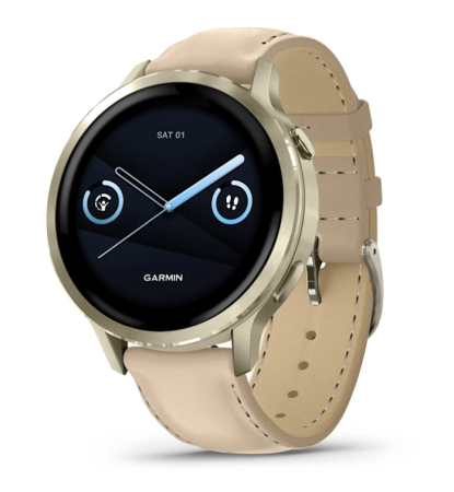 Garmin VENU 4 41 мм, Lunar Gold with Bоne Silicone Band, Light Sand Leather Band